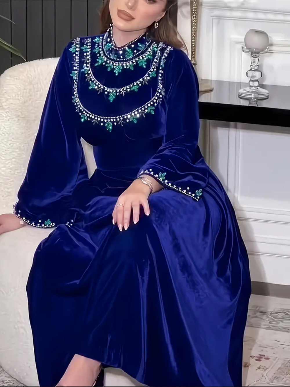 Embellished Royal Blue Velvet Maxi Dress